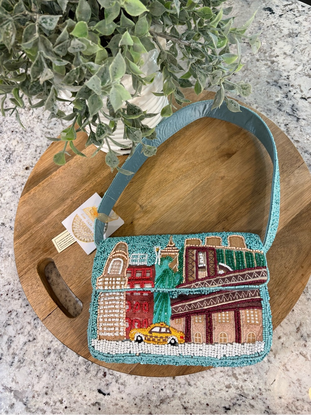 Teal Beaded NYC Cityscape Shoulder Bag with Embroidered Detail